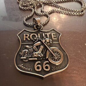 Stainless Steel ROUTE 66 America's Highway Motorcycle Pendant and Chain (190)